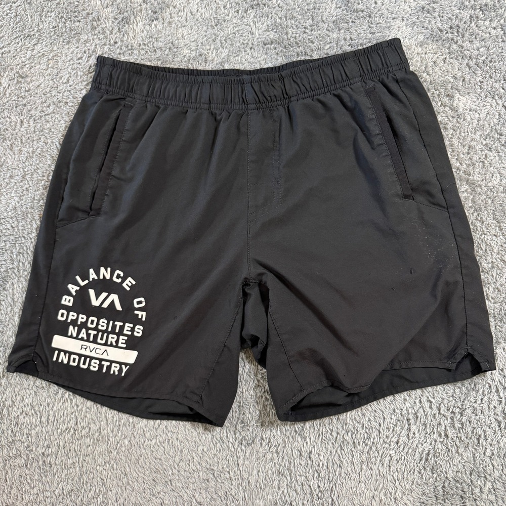 RVCA Mens Medium Black Athletic Shorts Balance of Opposites Graphic Training Gym